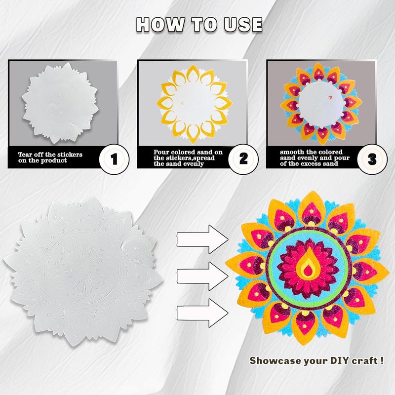 MLOLM Rangoli Mandala Sand Art Kit, 5-Piece DIY Peel and Stick Craft with Glitter Sand for Diwali, Indian Home Traditional Festival Decoration - Image 3